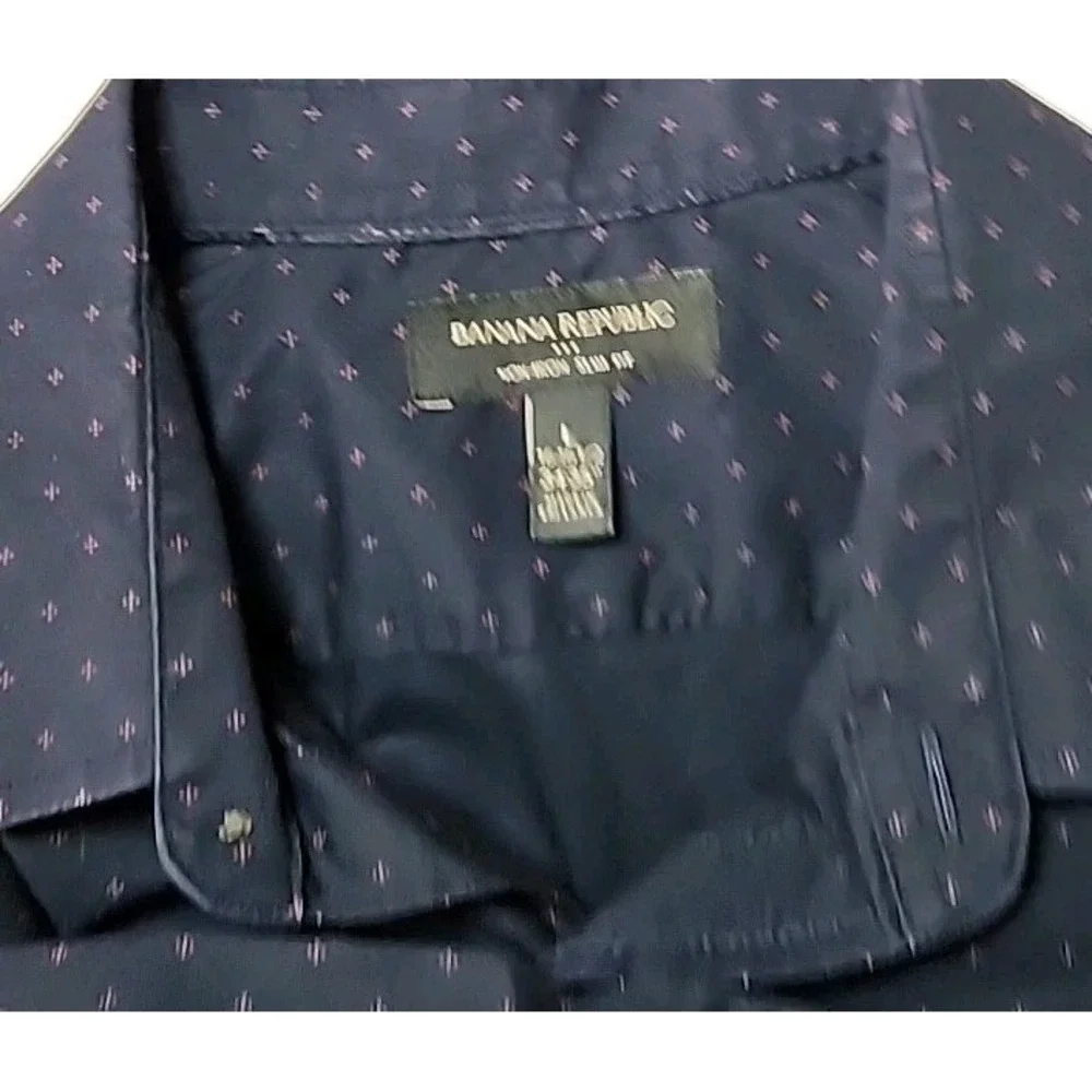 Banana Republic Men's Large Slim Fit 16-16.5 34/35 Long Sleeve Button Navy AOP